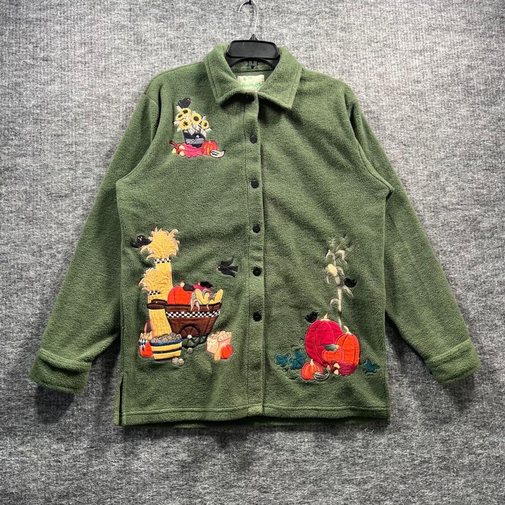 Quacker Factory Green Fleece Autumn Pumpkin Sunflower Embroidered Shirt Small